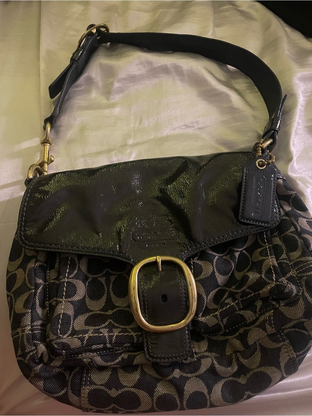 Y2K Coach Bleecker denim patent leather buckle shoulder bag